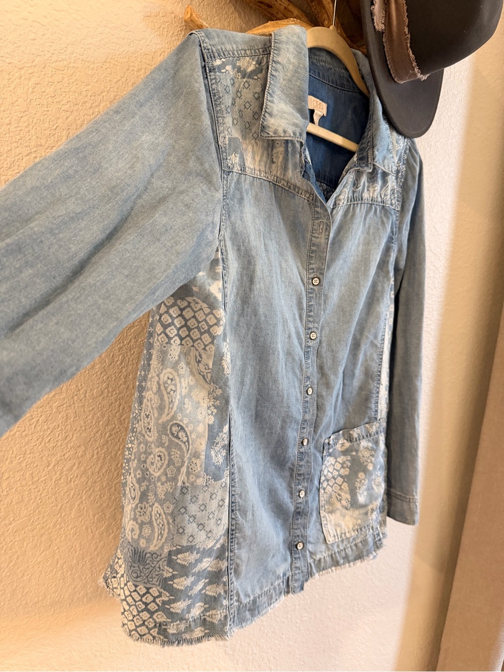 LOGO Lori Goldstein lavish patchwork Denim Shirt raw edges boho sz S oversized